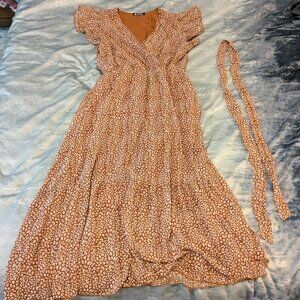 BTFBM women's dress, size M, brown, animal print, ruffles, prairie style, sash